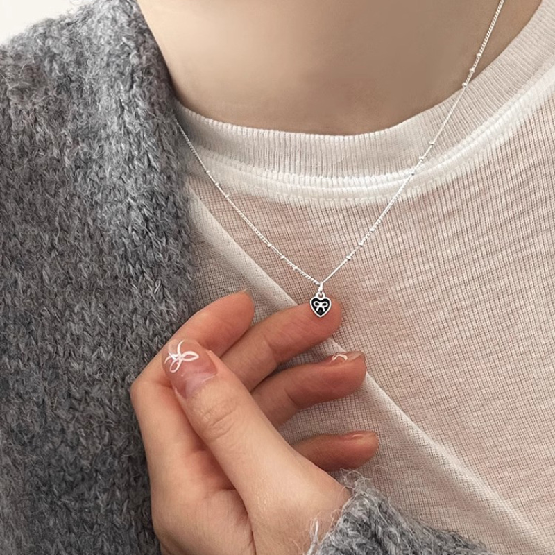 Tie Clip Silver - Ventfille-女性のためのスターリングシルバーの愛のハートネックレス、黒のドロップ釉薬、弓の結び目、ビーズのジュエリー、素晴らしいギフト、ドロップシッピング、925