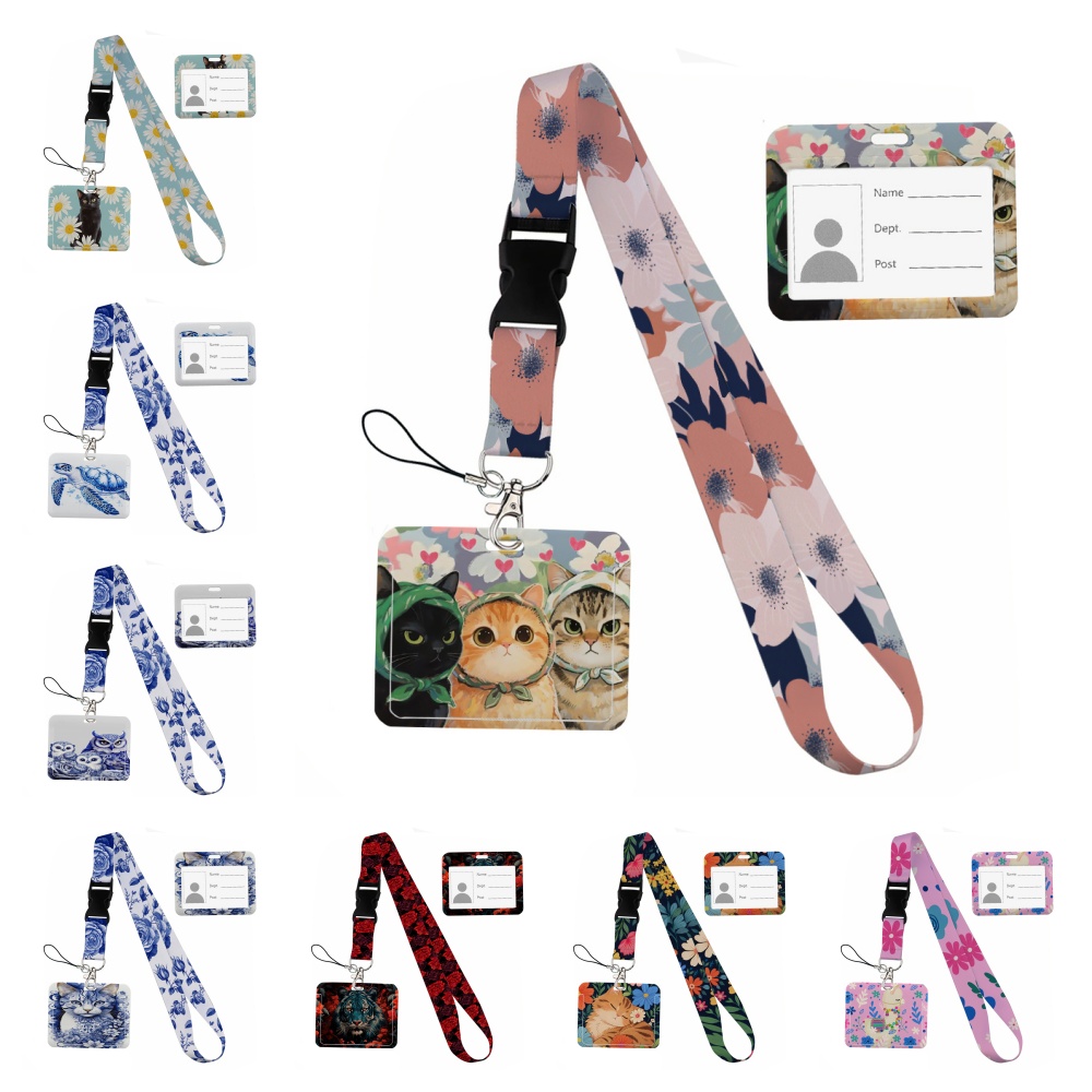 Lanyard Badge Holder - 花の中に小さな動物が描かれたプリントリボン ランヤード キー ID 横型カードコレクター 電話ストラップ