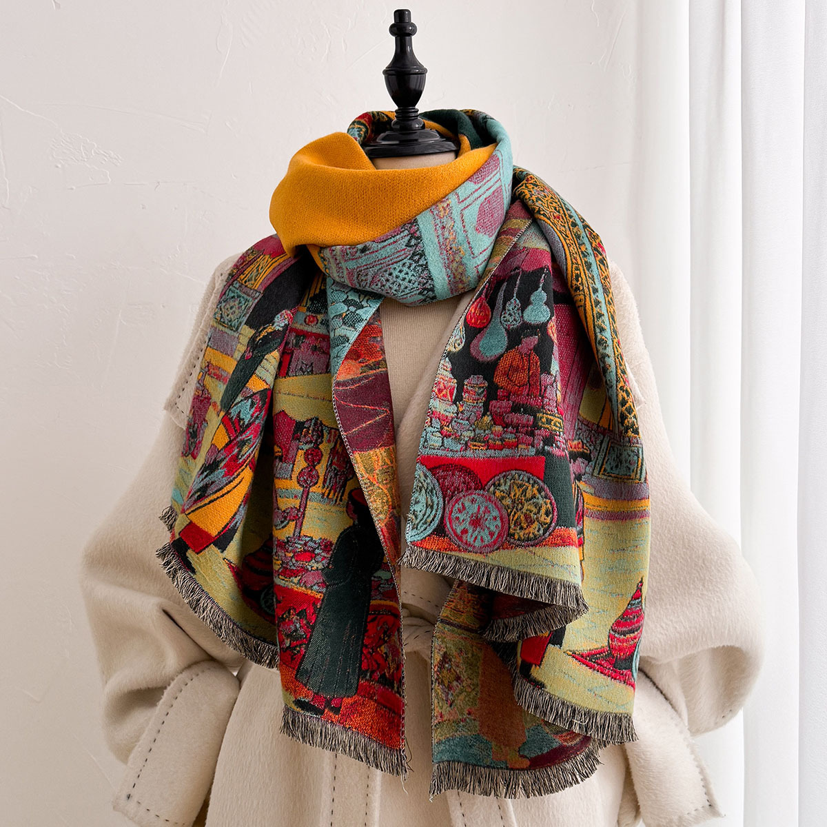 女性用イミテーションカシミヤスカーフ リバーシブルケルチーフ - Woven Scarf Blanket のレビューと価格